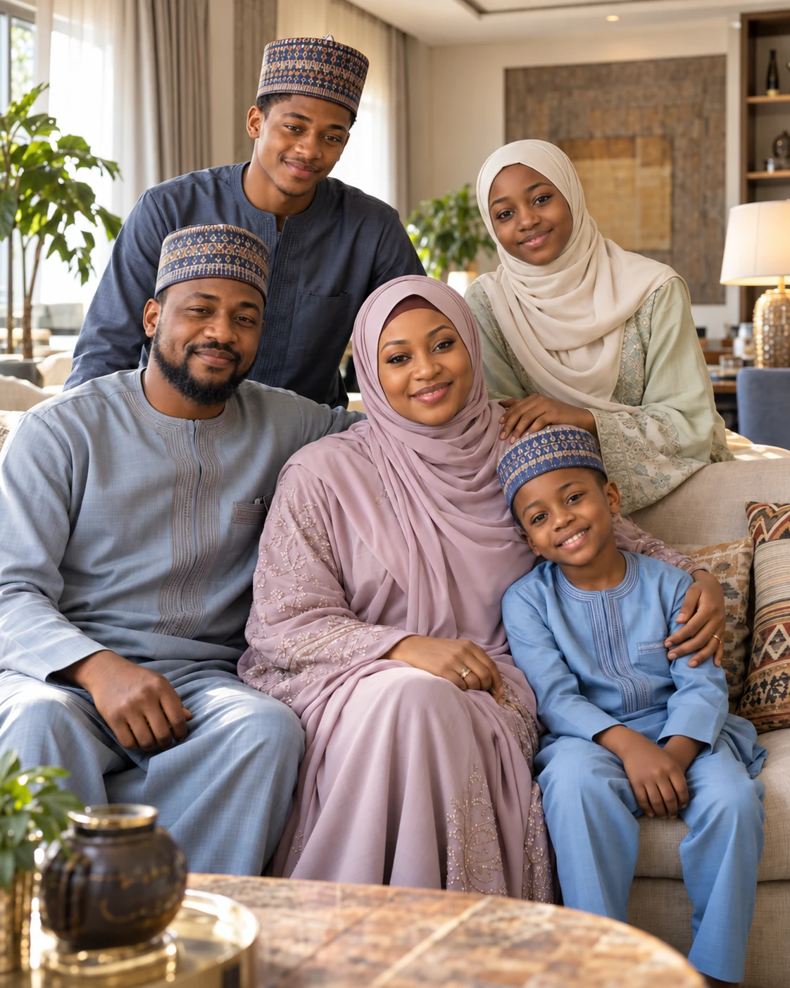The Adams family in a formal portrait, with the father and sons wearing traditional caps